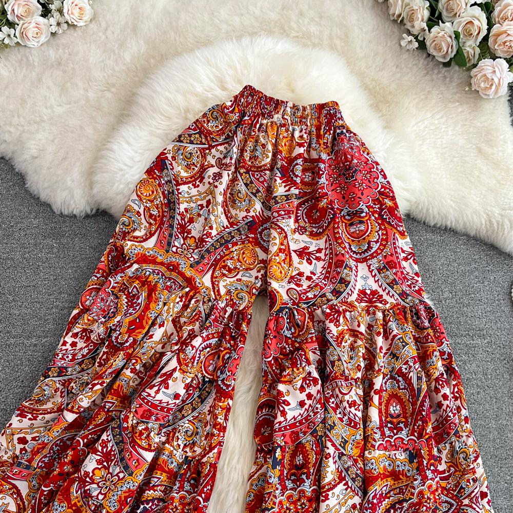 Summer Bohemian Vacation Beach Pants Elegant High Elastic Waist Wide Leg Printed Trouser Casual Flare Fladas New Fashion