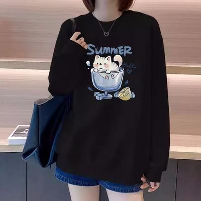 Черная женская модная повседневная толстовка с длинным рукавом и круглым вырезом с милым рисунком кота 2024