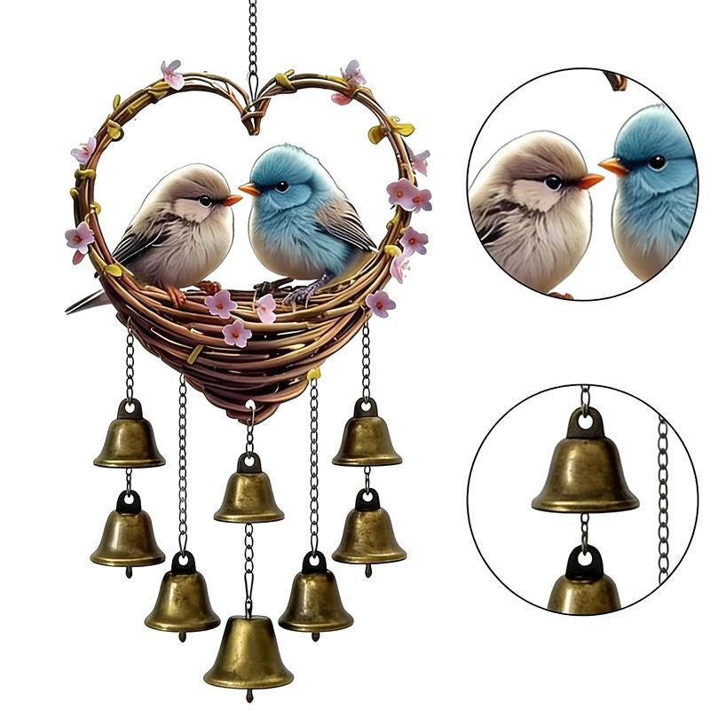 Heart Shaped Wind Chime Bird Design Metal Bells Decorative Hanging Ornament for Garden Patio Outdoor Balcony Yard
