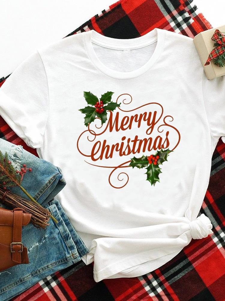 (Asian Size) Merry Christmas New Year O-neck Women's Top T Clothing Lovely Tree Trend 90s Print Short Sleeve T-shirts Fashion Holiday Graphic Tee