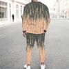 Men Plus Size White Grey Beige Printed Round Neck Long Sleeve Top Cuffed Pants Two Piece Set