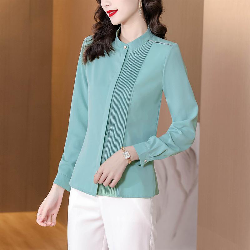 Новая демисезонная рубашка для通勤 с воротником-стойкой, плиссированная однобортная, универсальная с длинным рукавом, базовый слой для женщин