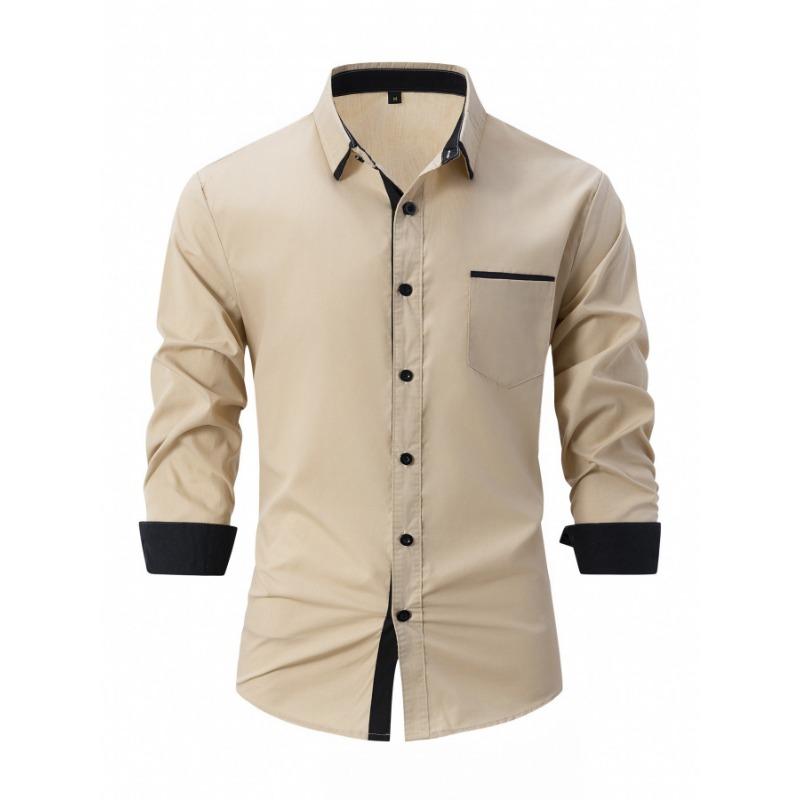 Men Contrast Black Trim Pocket Full Button Long Sleeve White Dress Shirt