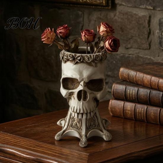 Halloween Table Centerpiece Gothic Skull Vase, Spooky Resin Head Statue, Distressed Crafts Retro Flower Vessel for Home Shelf Mantel Decor Unique Gift