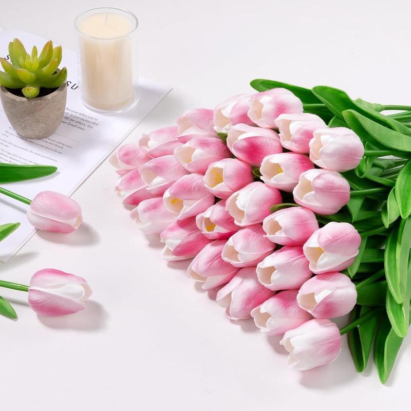 30Pcs Fake Tulips Artificial Flowers with Stems Faux Tulips Bouquet Real Touch Flower for Wedding Home Kitchen Spring Easter Mother's Day