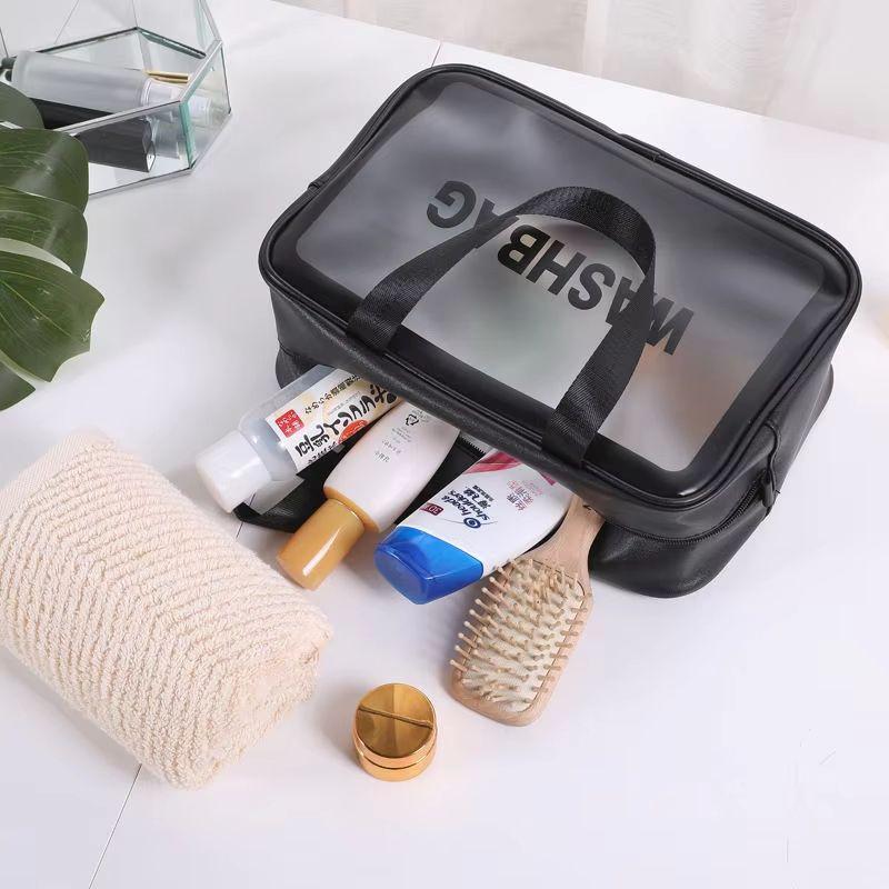 Custom Fashion Letter Large Capacity Water Resistant Makeup Bag Sets Women's Cosmetic PVC Double Handles Zipper Pouch