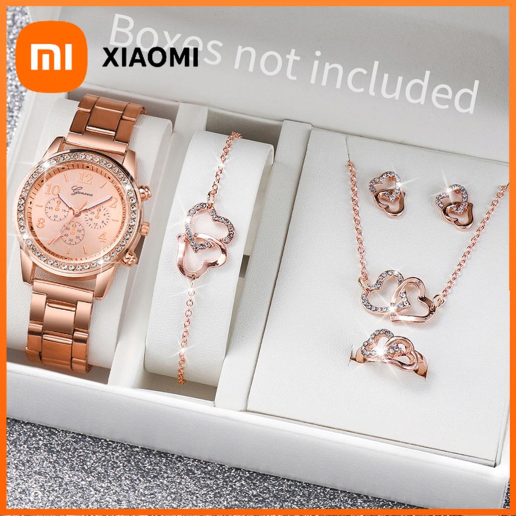 Xiaomi 6PCS/Set Women's Watch Fashion Rhinestone Stainless Steel Band Quartz Watch Jewelry Set Reloj Mujer (Without Box)