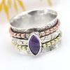 Стерлинговое серебро 925 пробы, кольцо с аметистом, кольцо с вращающимся кольцом, трехцветное кольцо, массивное кольцо, богемное кольцо, полоса с вращающимся кольцом, серебряные украшения