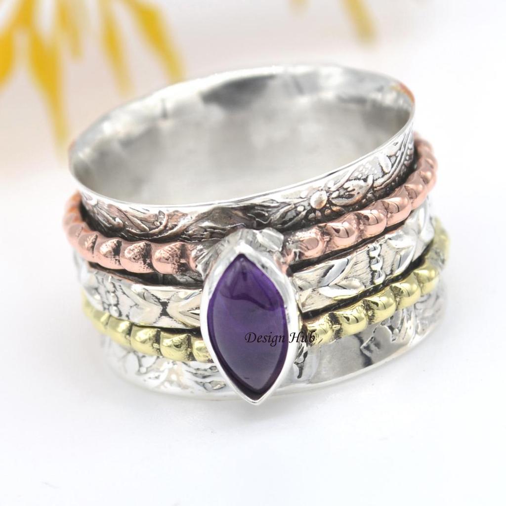 Стерлинговое серебро 925 пробы, кольцо с аметистом, кольцо с вращающимся кольцом, трехцветное кольцо, массивное кольцо, богемное кольцо, полоса с вращающимся кольцом, серебряные украшения