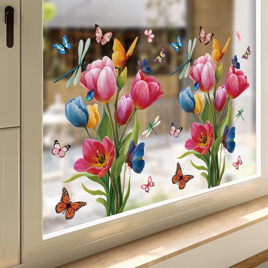 Simple Atmosphere Multi-color Tulip Glass Stickers On Balcony Window Decoration Glue-free Electrostatic Stickers