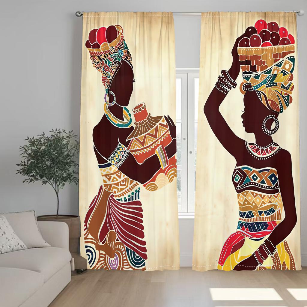 2PCS African Women Pattern Curtains Ethnic Colorful Print Bedroom Living Room Decor Art Culture Window Panels