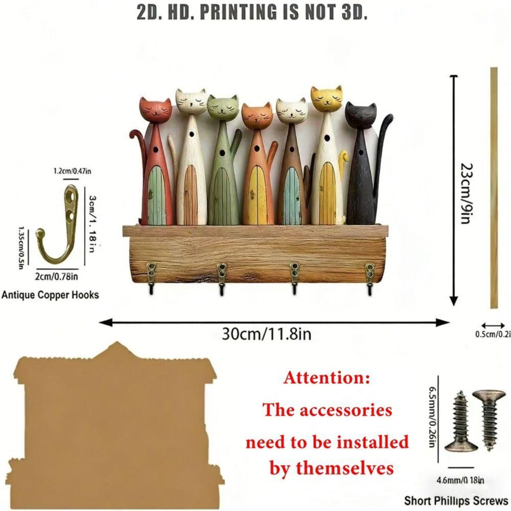 Colorful Cat Pattern Key Hanger Wooden Keychain Holder Useful Wall Key Holder  Porch Decoration
