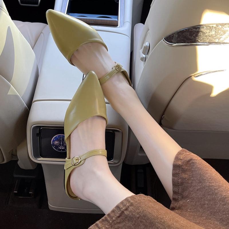 Fashion Pointed Toe Back Empty Slippers Women Baotou Shallow Mouth One Strap Soft Slip Non-Slip Low Heel Half Drag