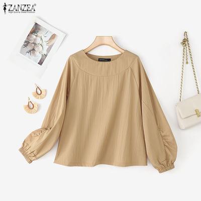 Женская повседневная однотонная свободная блузка с круглым вырезом и длинным рукавом