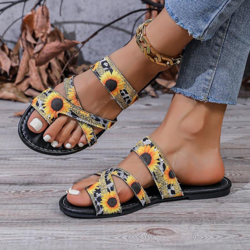 2024 Лидер продаж, модные универсальные женские тапочки с принтом, с открытым носком и тонким ремешком, летняя пляжная обувь с открытым носком