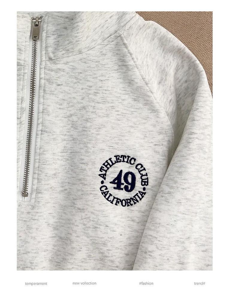 Женский ретро свитер с вышивкой на молнии до середины груди, со стойкой, осенне-зимний пуловер с длинным рукавом и плюшевой подкладкой