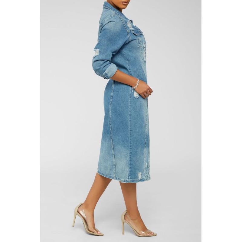 Women's Autumn and Winter Solid Color Long Ripped Button Denim Trench Coat