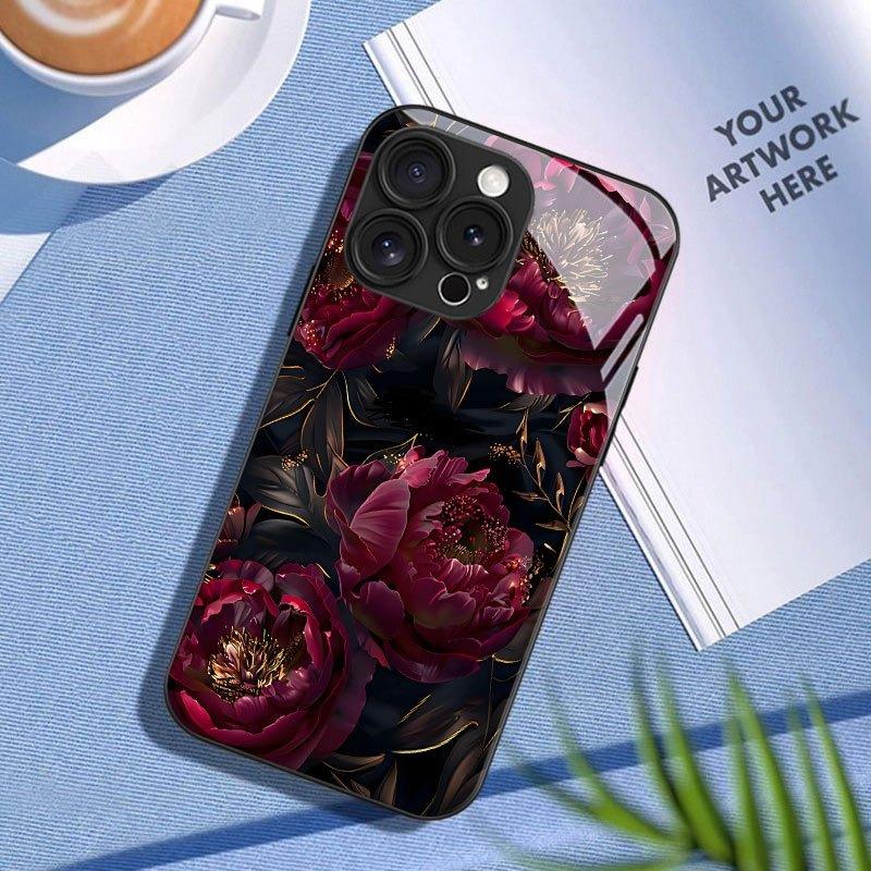 Черный Чехол из Закаленного Стекла с Узором из Темно-Розовых Цветов для Samsung Galaxy S23 S24 S25 S26 Ultra Plus FE Ударопрочный Чехол
