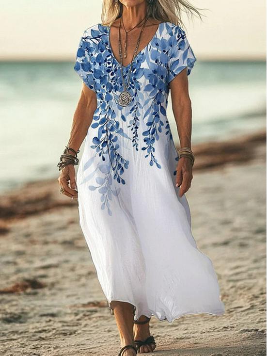 Bohemian Retro Print Raglan Sleeve Summer Maxi Dress