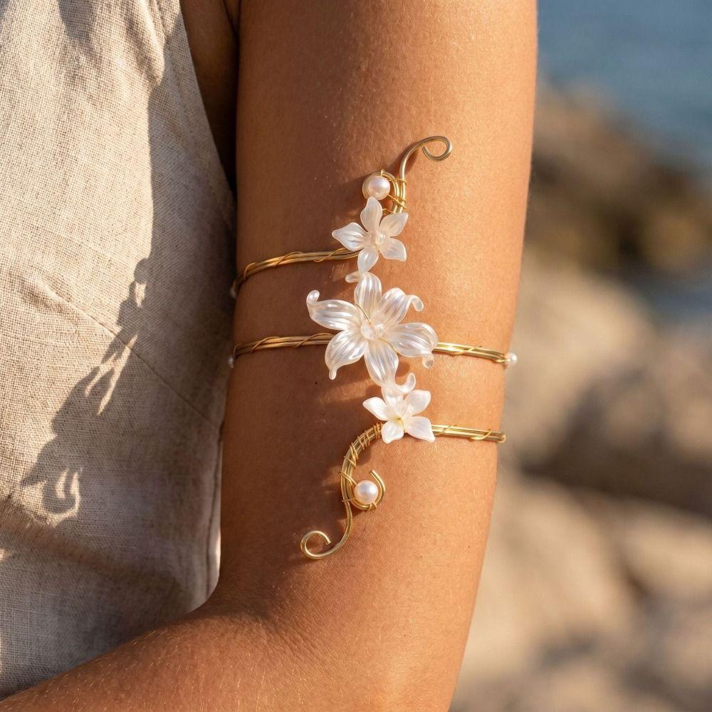 Gold Color Metal Floral Open Cuff Armlet Enamel Glaze Craft Spiral Arm Bracelet Vacation Style