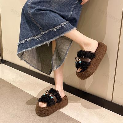 Модные женские плюшевые туфли на платформе Осень Зима Уличные Нескользящие Винтажные Хлопковые Тапочки Модные с Бантом Увеличение Высоты Повседневная Обувь