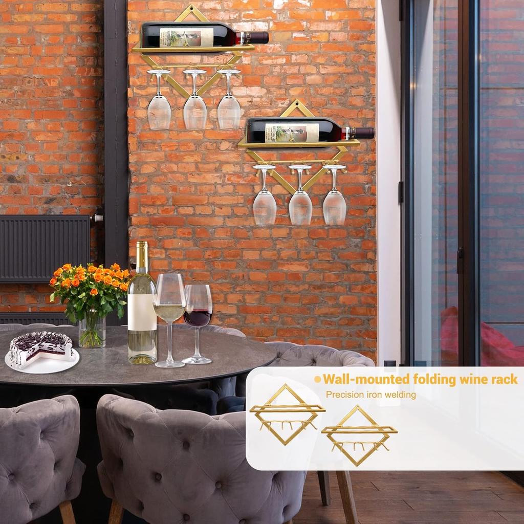 AUHOKY 2Pcs Metal Wall Mounted Wine Holder Stemware Glass Rack, Upgrade Collapsible Hanging Red Wine Racks Organizer with 3 Stem Glass Holders, Wine