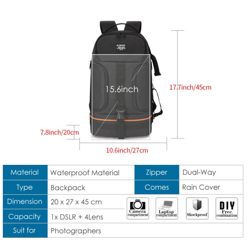 JINNUOLANG Professional Digital SLR Camera Backpack Large Photography Bag Tripod Holder Waterproof Rain Cover Outdoor Hiking