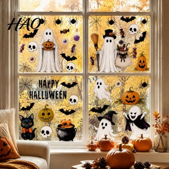 PVC Wall Sticker 6 Sheets Halloween Window Clings, Spooky Ghost Pumpkin Bat Flexible Sticker, Reusable Static Glass Decals for Holiday Party