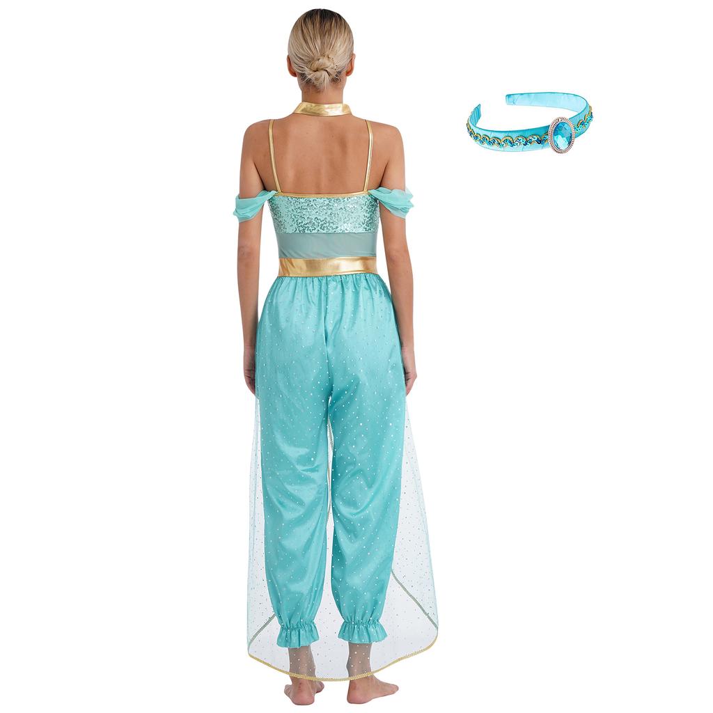 Womens Arabian Princess Costumes Halloween Carnival Aladin Theme Party Jasmines Outfit Sequin Tulle Rompers Belly Dance Jumpsuit