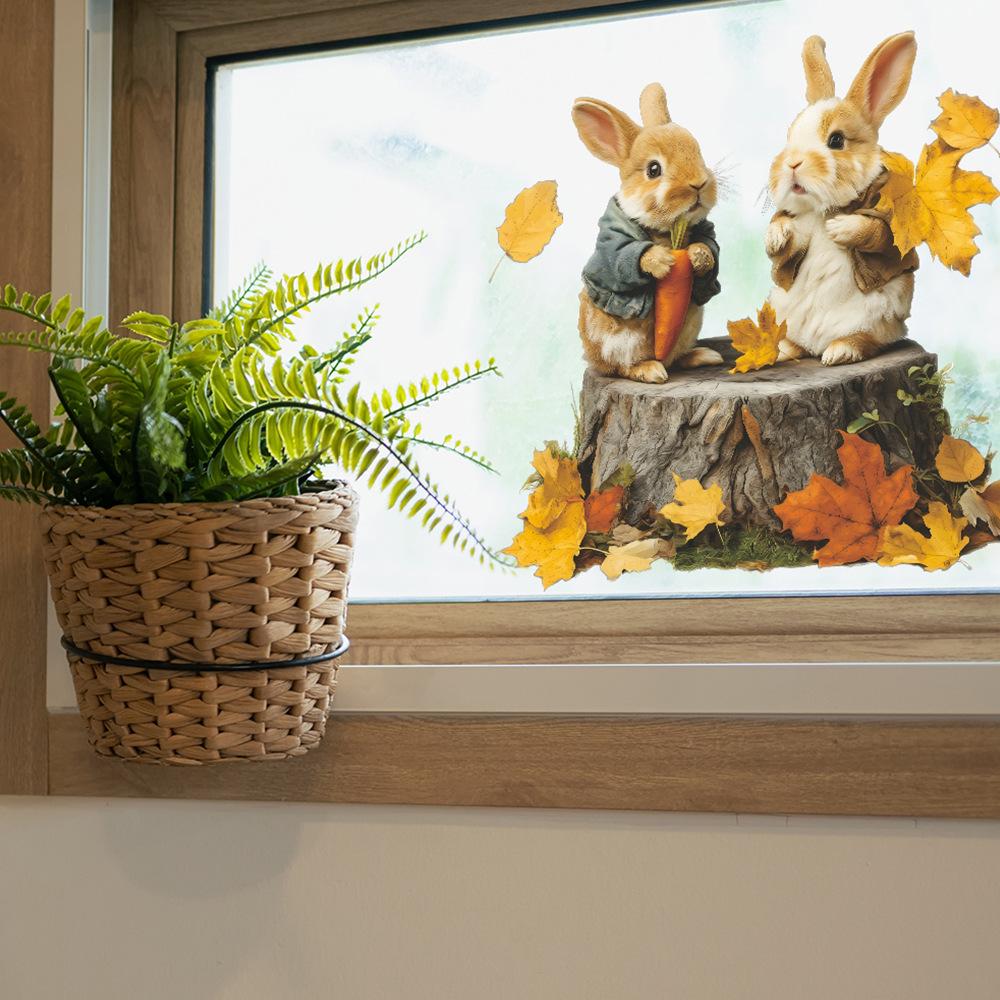 Декоративные наклейки для домашних стеклянных дверей и окон с нарисованными опавшими листьями, кроликами, едящими морковь
