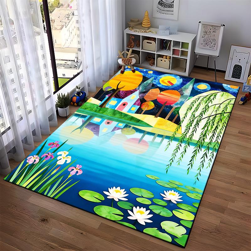 Colorful Artistic Landscape Carpet with House, Trees, and Pond Design Suitable for use as an anti-slip for living room bedroom sofas