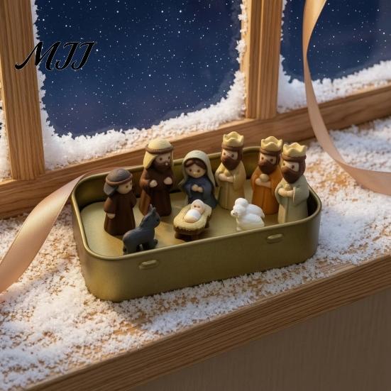 Niche Creative Holiday Present Mini Christmas Nativity Set in A Tin Box, 3D Printed Pocket Size Holy Family Retro Metal Storage Box Figurines,