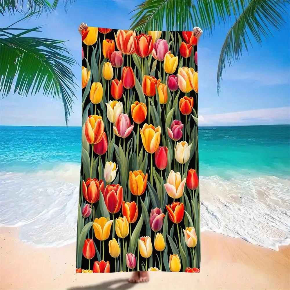 Colorful Tulip Print Beach Towel Vibrant Floral Pattern Towel for Women Ideal for Summer Beach Pool and Travel