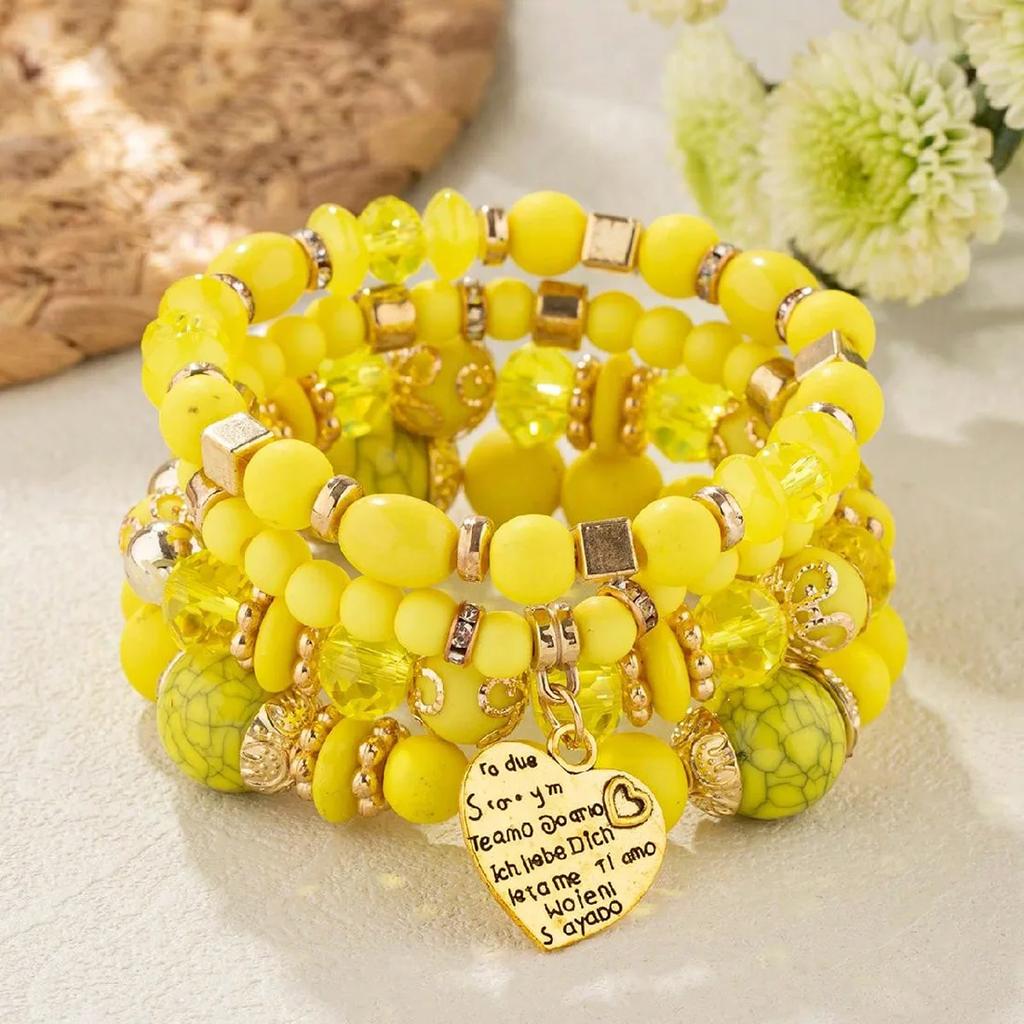 4Pcs Boho Crystal Beads Chain Bracelet Set For Women Vintage Heart Charm Elastic Bangle Men Fashion Party Jewelry