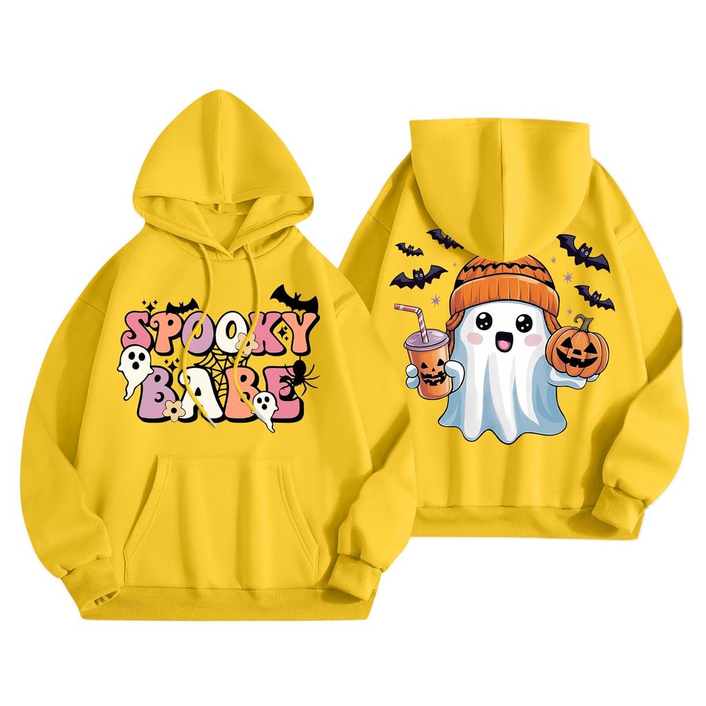 Женская мода, легкий женский свитер с длинными рукавами и карманами, толстовка с капюшоном и принтом на Хэллоуин