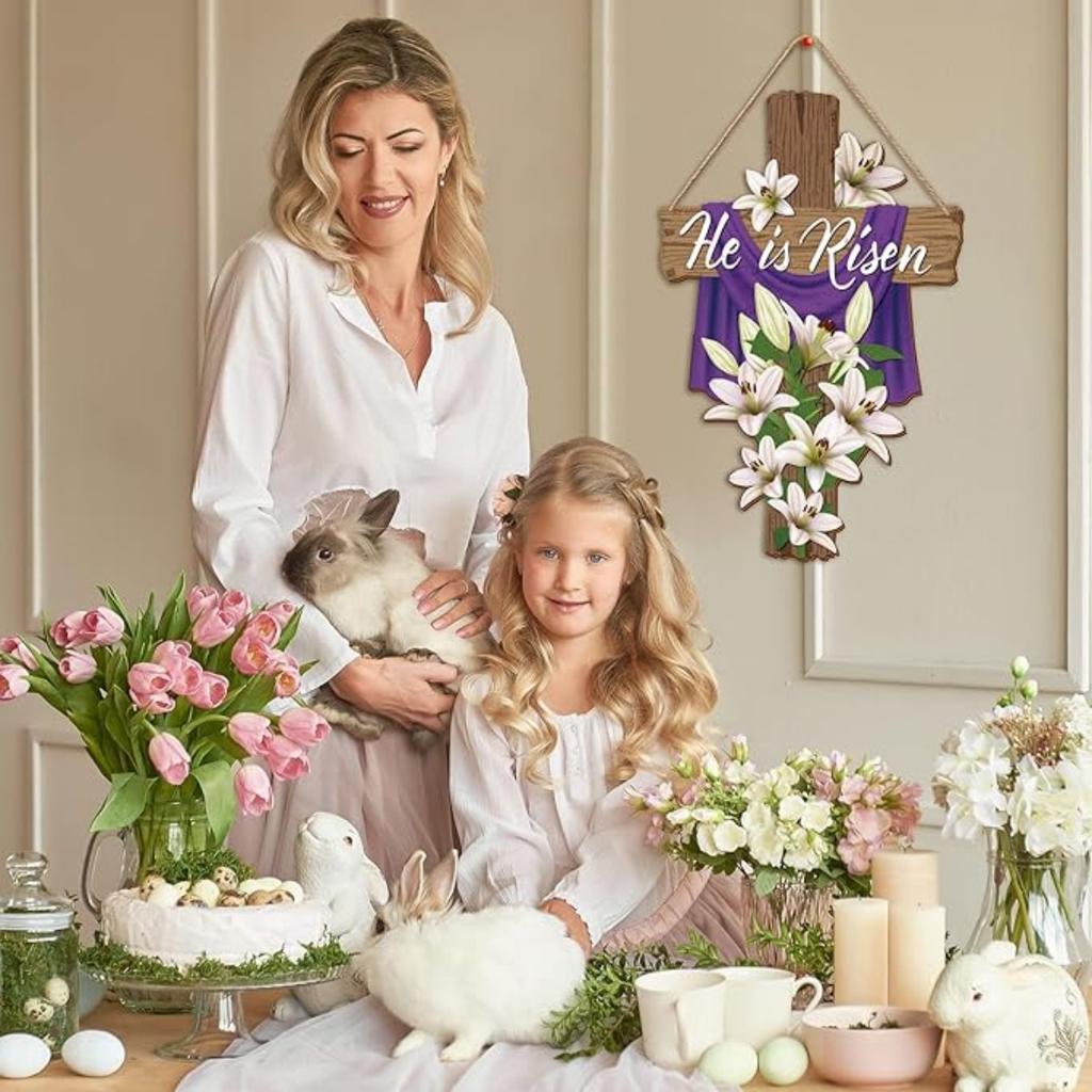 Easter He Is Risen Wreath for Front Door Religious Easter Decoration Wooden Cross Door Sign Hanging Sign Christian Floral Decor for Party Supplies