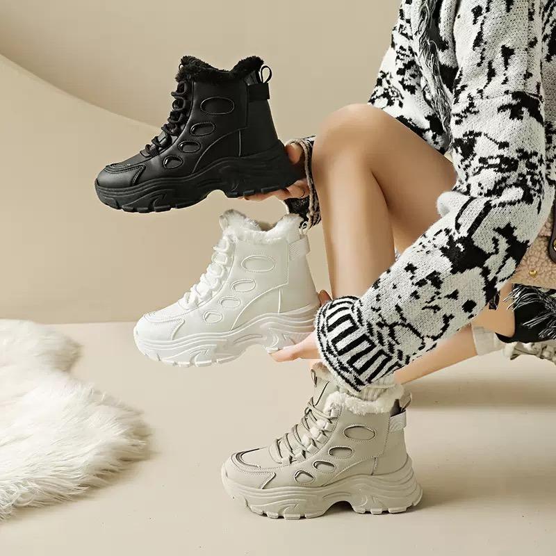 Новая женская обувь Зимние плюшевые теплые сноубутсы Утолщенные плюшевые высокие хлопковые ботинки для женщин Нескользящие ботильоны на платформе