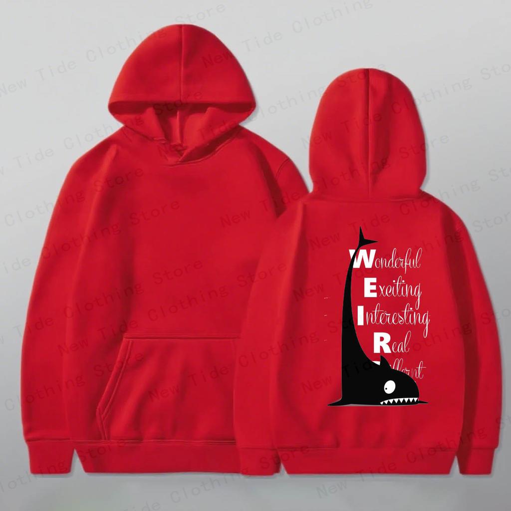 Men's Cotton Hoodie For Autumn Winter With "WEIR" Acronym & Cute Shark Graphic, Perfect For Trendy Cold - Weather Style