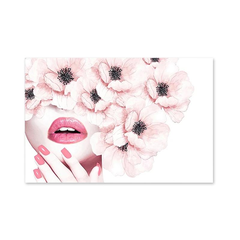 Модные розовые цветочные духи для ресниц, губ, макияжа, постера, печати, холста, картины для комнаты девушки, настенного искусства, декора салона красоты