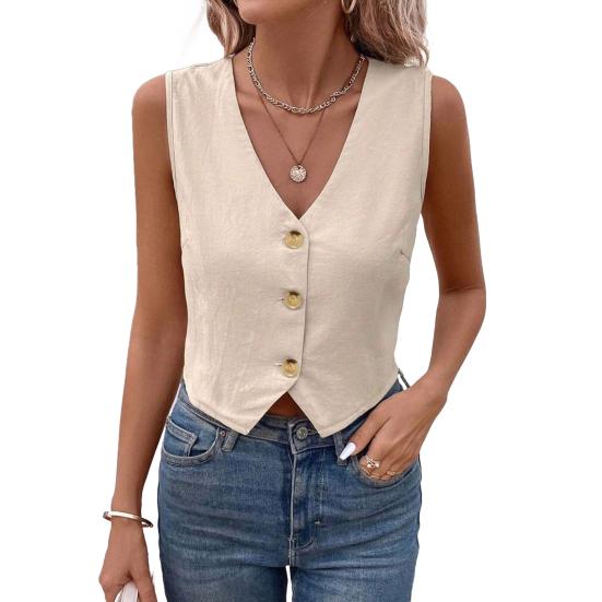 Women's Sleeveless Vest Top V Neck Button Down Crop Tank Top Summer Going Out