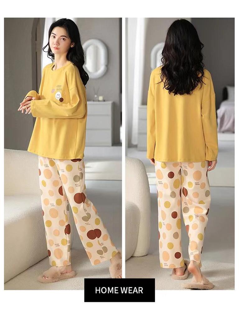 Женский пижамный комплект с длинным рукавом - Милый мультяшный принт, Большой размер, для весны и осени, для дома/улицы