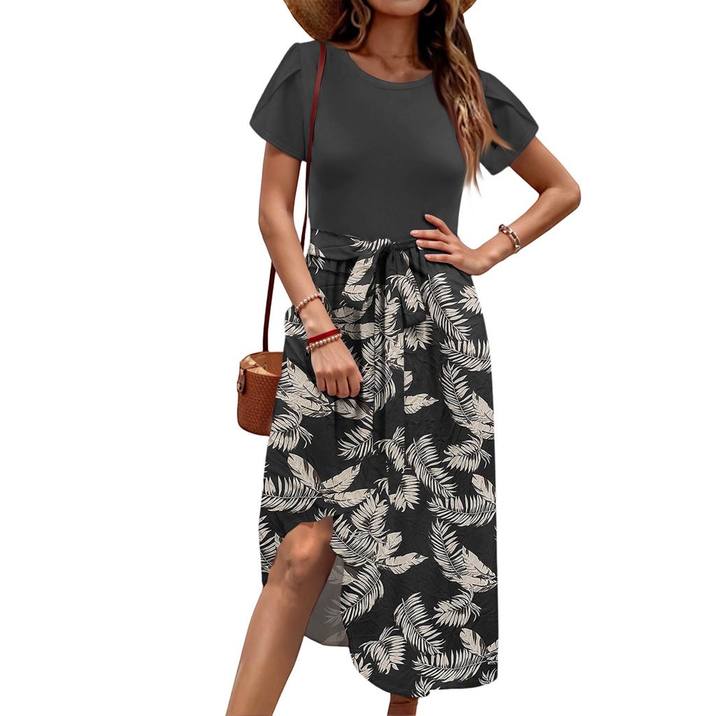 Women's Casual Cute Pattern Print Round Neck Midi Dress Basic Classic Outdoor Everyday Short Sleeve Loose Dress