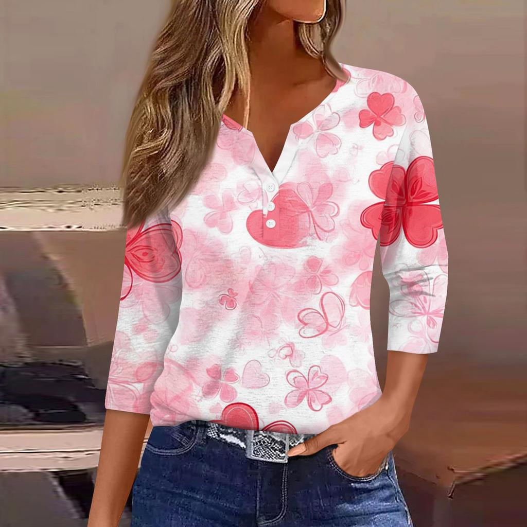 Жен. Футболка Футболка С принтом Пуговицы Рукав 3/4Ежедневно Выходные Мода Классический Топ с v-образным вырезом Обычный