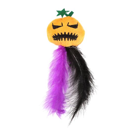 Self-entertainment Cat Toy Halloween Pumpkin Toy, Squeaky Stuffed Chew Interactive Soft Plush with Feathers for Indoor Cats
