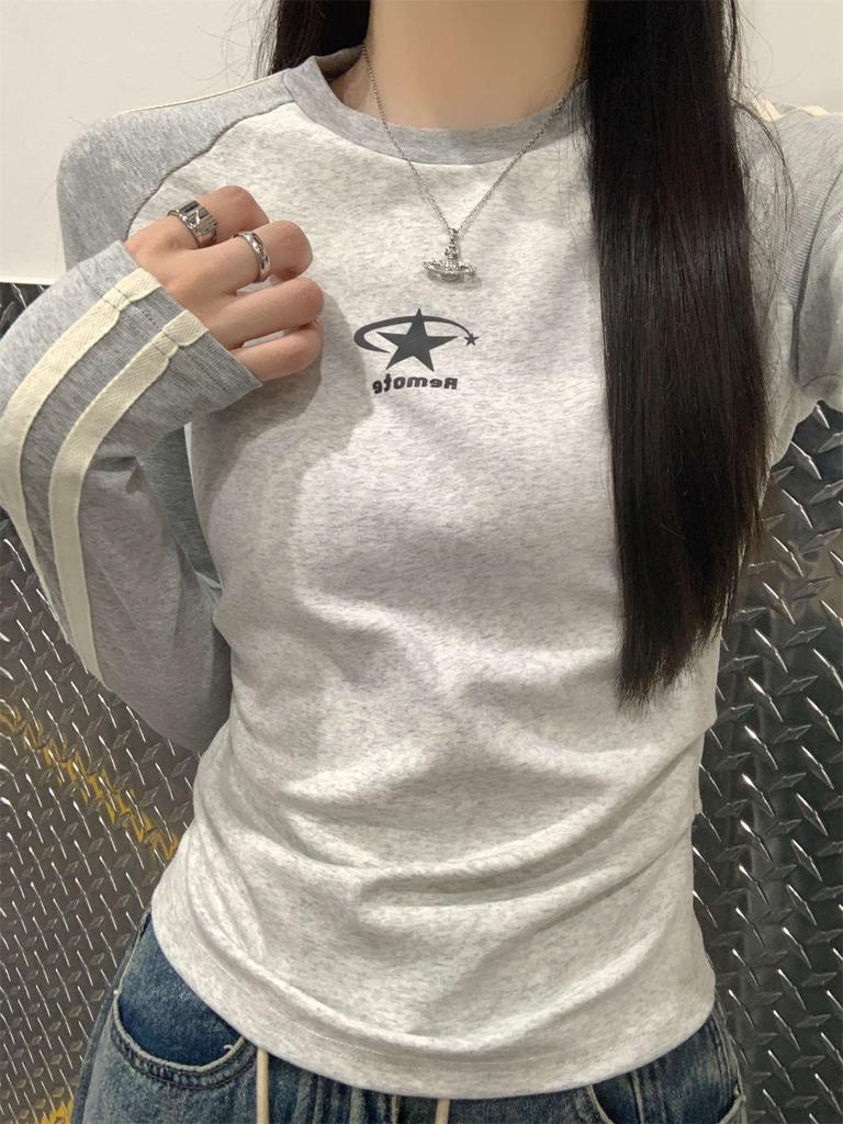 Зимняя новая футболка с контрастными рукавами и принтом, женский топ, футболка с длинным рукавом в стиле Spice girl, базовая футболка