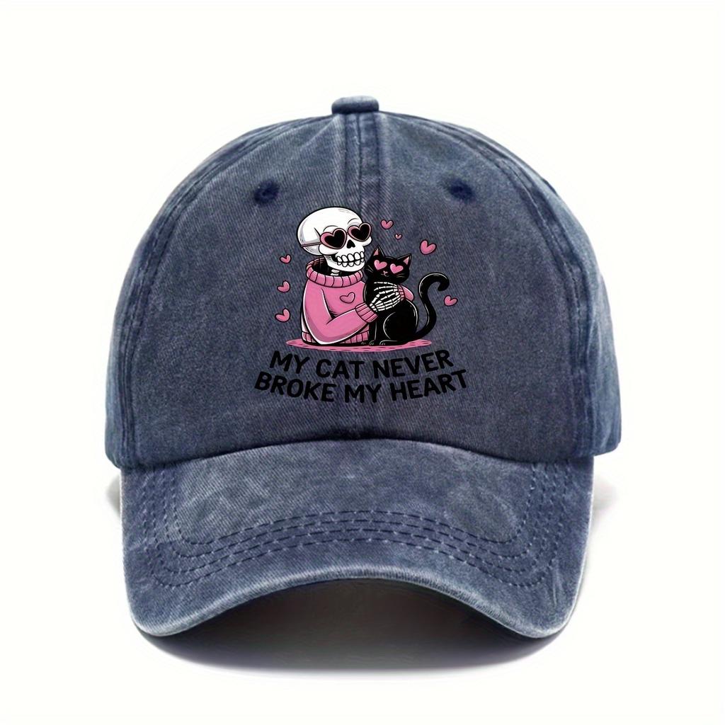 My Cat Never Broke My Heart Skeleton Baseball Cap Distressed Washed Denim Style Outdoor Casual Adjustable Hat