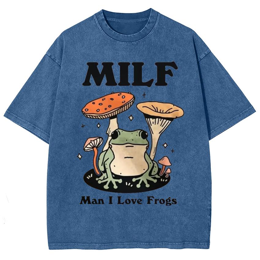 Футболки мужские и женские с принтом лягушки и гриба, унисекс, джинсовая ткань, большой размер, короткий рукав, винтажный топ, потертый