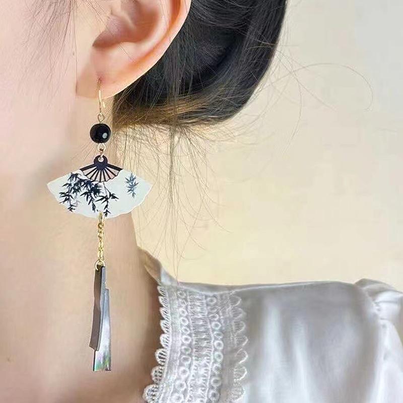 1Pair Chinese Style Vintage Fan Pendent Long Tassel Earrings For Women Girls National Style Temperament Earrings Jewelry Gifts