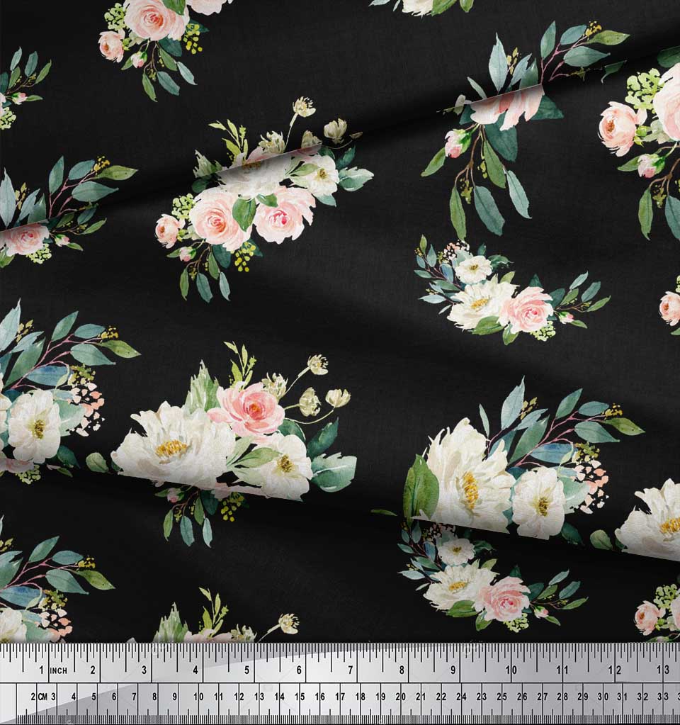 Soimoi Черная полиэфирная ткань для рукоделия с листьями и лютиками с цветочным принтом, 42 дюйма по метрам
