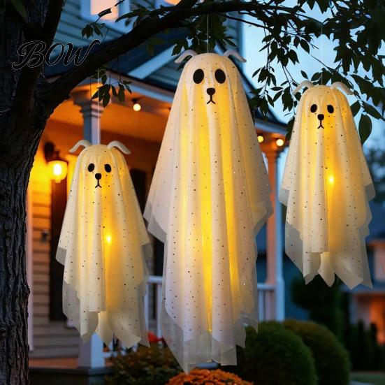 Spooky Atmosphere Home Accents 3 Pcs Lighted Dog Ghost Hanging Ornaments, Halloween Outdoor Flying Haunted House Party Supplies Gauze with LED